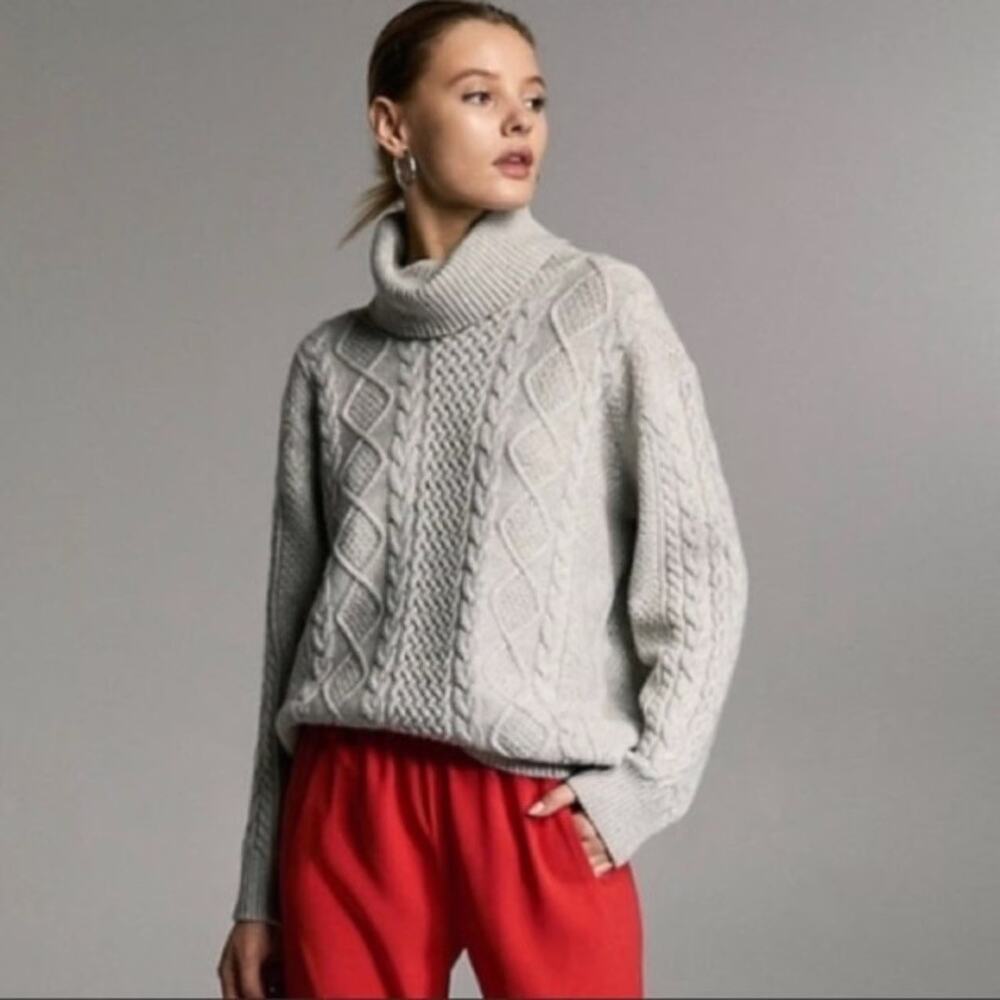 Babaton Erickson Turtleneck Wool Cashmere Cable Knit Sweater Grey Womens Medium